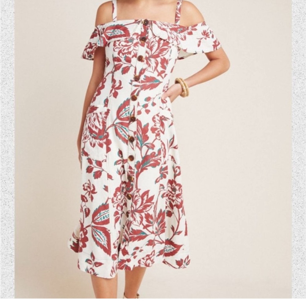 Anthropologie Linen Blend Off Shoulder Floral Midi Dress Size 2
